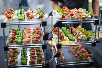 Different canapes with smoked salmon, cucumber, tomatoes, cheese, meat. Breakfast buffet table with a variety of snacks. Buffet served table with snacks,fruits, canape, sweets and appetizers