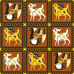 Seamless pattern of ancient images of animals in the framework of chains