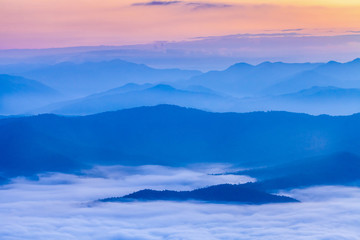 Beautiful fog coverage mountain valley and sunlight in the morning colorful,Sri Nan Park,Nan,Thailand