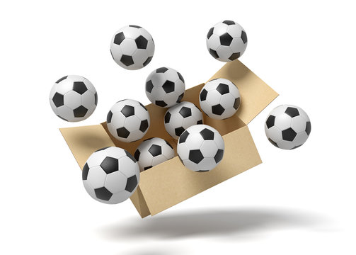3d rendering of cardboard box full of footballs in mid-air.