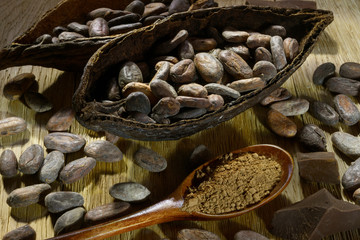 open cocoa fruit lies on wooden table