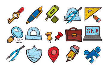 Icons stationery. Hand drawing style logo.
