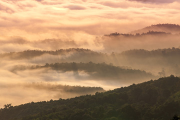 Beautiful fog coverage mountain valley and sunlight in the morning colorful,Sri Nan Park,Nan,Thailand
