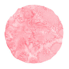 Pink, coral red watercolor stains, drips background, rough uneven edge. Valentine, Woman day template. Round, circle shape, watercolour texture. Hand drawn aquarelle fill. Text frame, design element.
