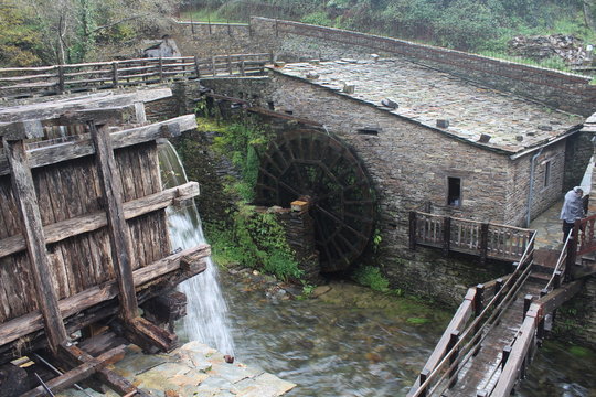Beautiful waterfalls in the museum of water mills in Asturias Spain