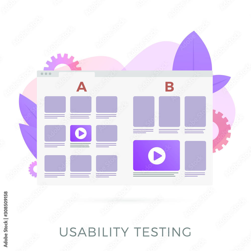 Fototapete Usability testing with prototype of two different UI web app interfaces for test. A-B comparison with positive feedback, flat vector concept illustration isolated on white background.