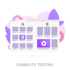 Usability testing with prototype of two different UI web app interfaces for test. A-B comparison with positive feedback, flat vector concept illustration isolated on white background.