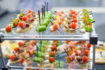 Different canapes with smoked salmon, cucumber, tomatoes, cheese, meat. Breakfast buffet table with a variety of snacks. Buffet served table with snacks,fruits, canape, sweets and appetizers