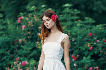 beautiful woman green leaves nature rest