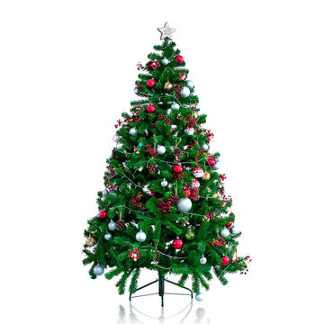 Beautiful Christmas Tree, full length image, decorated with ornament, balls and small lightings, the silver star on top, isolated on white background with clipping Path