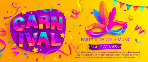 Banner for fun carnival party. Traditional mask with feathers and confetti for carnaval,mardi gras, fesival,masquerade,parade.Template for design invitation,flyer poster,banners. Vector illustration.