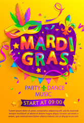 Fototapeta Mardi gras flyer with inviting for carnival party.Traditional Mask with feathers for carnaval,fesival,masquerade,parade.Template for design invitation,banners, poster, placards. Vector illustration. obraz