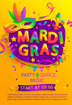 Mardi gras flyer with inviting for carnival party.Traditional Mask with feathers for carnaval,fesival,masquerade,parade.Template for design invitation,banners, poster, placards. Vector illustration.