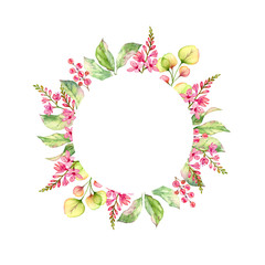 Watercolor floral round frame with freesia and wild flowers and place for text. Botanical hand painted illustration isolated in white for lettering, card, wedding invitation, banner