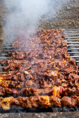 Barbecued lamb shish kebab. Turkish  known as "Mangal kebab"