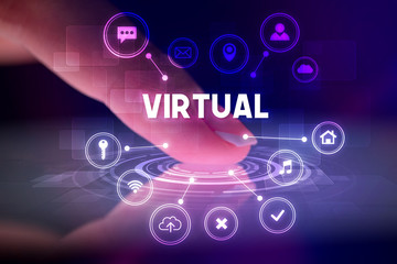 Finger touching tablet with web technology icons and VIRTUAL inscription, web technology concept