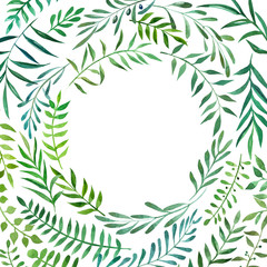 Hand drawn watercolor illustration of botanical branches. Decorative frame border for wedding branding, invitations, greeting card. Isolated on white background. 