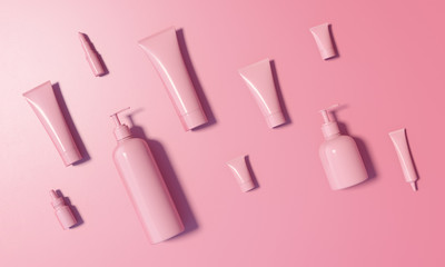 3d rendering illustration of cosmetic template. Millenial pink colored tubes, lipstick, bottles lay on pastel candy backdrop. Contemporary trendy branding identity concept. Summer funny mockup.
