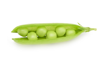 Closeup top view fresh green peas isolated on white background, healthy food concept