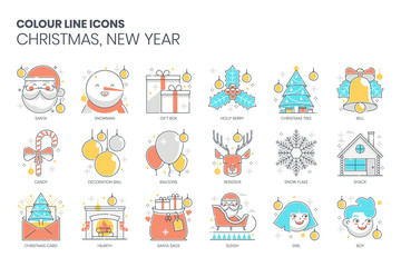 Christmas, new year related, color line, vector icon, illustration set . The set is about Christmas, Santa Claus, new year, pine tree, decorations, ornaments, snow, snowman, pine tree, gifts.