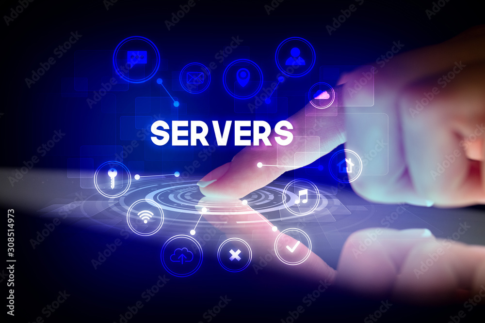 Aufkleber finger touching tablet with web technology icons and servers inscription, web technology concept