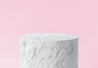 Product display. Empty white marble podium on pastel pink color background. 3d rendering.