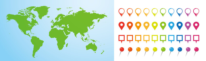 世界地図　ビジネス　マップ　ピンとマーカーのセット