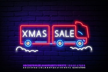Red neon truck Christmas gift delivery. Greeting, delivery and holiday advertisement design. Night bright neon sign, colorful billboard, light banner. Vector illustration in neon style.
