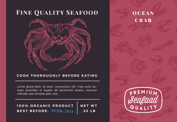 Premium Quality Seafood Abstract Vector Crab Packaging Design or Label. Modern Typography and Hand Drawn Sketch Seamless Pattern Background Layout of Prawns, Scallops, Squids and Crabs