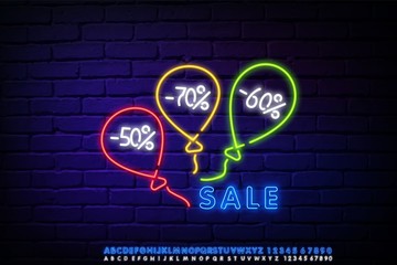 Glow Greeting Card with Different Form Balloons. Black Friday neon advertising, discounts, sales, neon bright banner sign. Glowing sign for your projects. Editing text neon sign. Neon alphabet