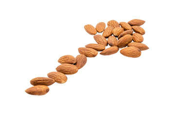 Arrow Almond nuts isolated with white background.