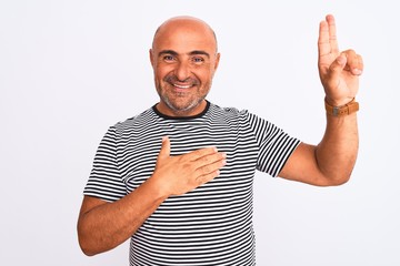 Middle age handsome man wearing striped navy t-shirt over isolated white background smiling...