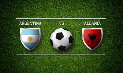 Football Match schedule, Argentina vs Albania, flags of countries and soccer ball - 3D rendering