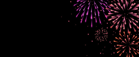 abstract show group of exploding fireworks bright light vibrant colorful and falling fire glitter confetti on black background for happy new year 2020 ,diwali,labor day and independence's day concept