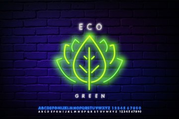 Eco label neon light icon. Leaves line icon. Neon laser lights. Nature plant leaf sign. Environmental care symbol. . Environmental protection sticker. Glowing sign with alphabet, numbers and symbol.