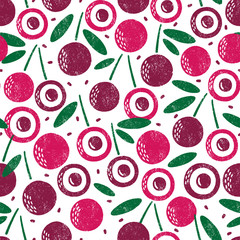Seamless pattern with cherries. Stamp textured. Great for fabric, textile, wrapping paper. Vector Illustration