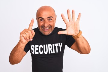 Middle age safeguard man wearing security uniform standing over isolated white background showing...