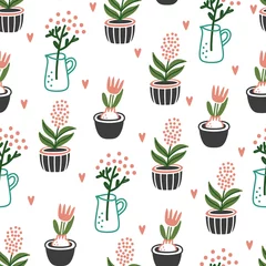 Behang Leuke bloemen in potten op witte achtergrond. Kamer planten. Naadloze achtergrondpatroon. Vectorillustratie voor textieldruk, behang, inpakpapier. © @nekoshki