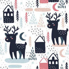 Seamless pattern with deers, christmas trees and houses. Great for fabric, textile, wrapping paper. Vector Illustration