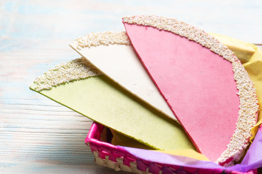 Mexican candies also called "obleas" on wooden background