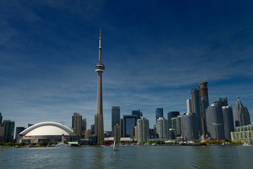 Fototapeta premium Toronto skyline with CN Tower Rogers Centre condo and financial towers from Lake Ontario
