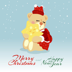 Cute Female Bear wishing Merry Christmas and Happy New Year. Cartoon Character Holding Yellow Star in Christmas Costume. Concept Illustration for Greeting Cards or Festive Banner