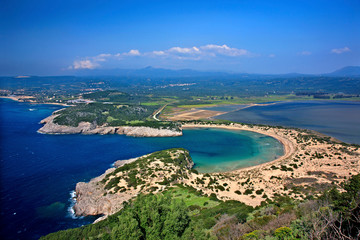 MESSENIA, PELOPONNESE, GREECE. Famous Voidokoilia beach as seen from Palaiokastro (literally "old castle") of Navarino (Pylos)