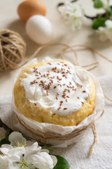 Traditional easter cake, easter eggs and flowering apple tree branches