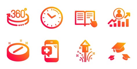 Time, Career ladder and Read instruction line icons set. Fireworks, Medical phone and Medical tablet signs. 360 degrees, Throw hats symbols. Clock, Manager results. Science set. Vector