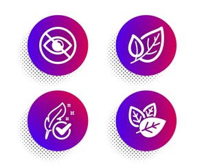 Hypoallergenic tested, Not looking and Leaf icons simple set. Halftone dots button. Organic tested sign. Feather, Eye care, Ecology. Bio ingredients. Healthcare set. Vector