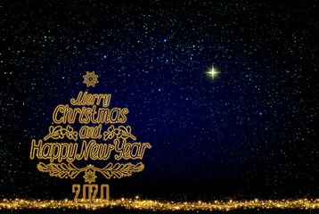 New Year 2020 background with golden fir tree and star sky.