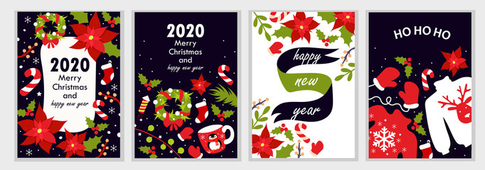 Set of colorful Christmas cards. 2020 New Year. Set of templates for cards, stickers, flyers. Flat cartoon style. Traditional greeting	