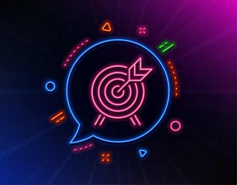 Archery line icon. Neon laser lights. Amusement park attraction sign. Glow laser speech bubble. Neon lights chat bubble. Banner badge with archery icon. Vector