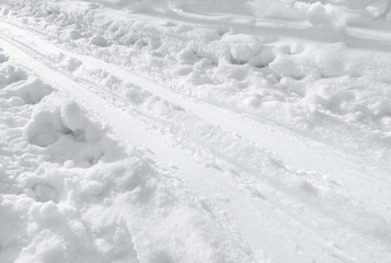 Ski track after snowfall closeup
